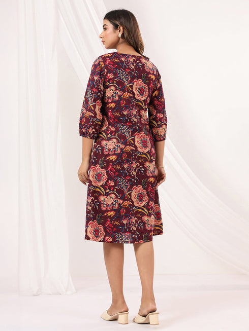 Janasya Women's Wine Pure Cotton Floral Peinted A-line Dress